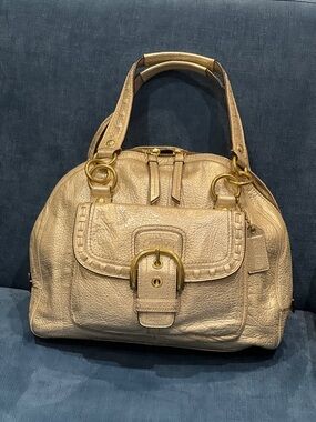 Coach Metallic Gold Pebbled Leather Satchel with Buckle Detail